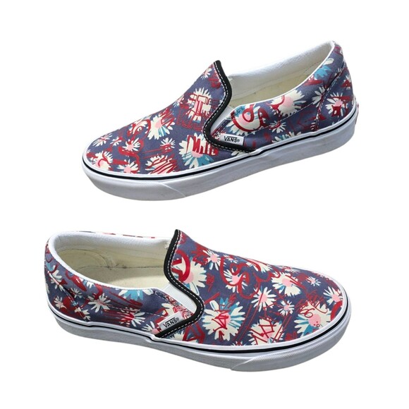 Vans Classic Slip on Shoes Womens Size 10 Crew Graffiti Floral Red Blue Canvas - Picture 1 of 11